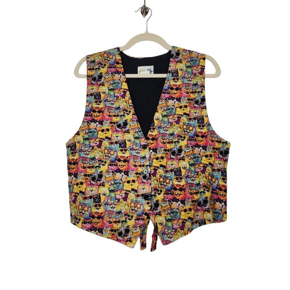 Vintage Cats All Over Vest Funny Sunglasses Lisa Frank Laurel Burch Art Obscure - Picture 1 of 5